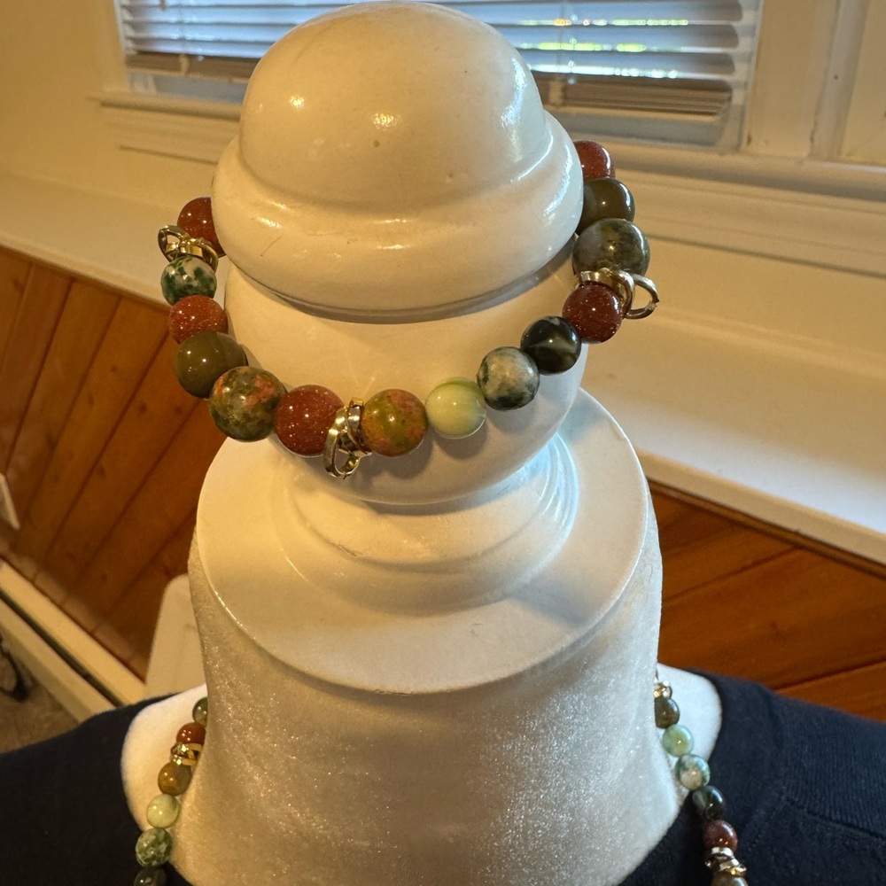 Multicolor Beaded Statement Necklace Bracelet Set Earthy Natural Tones - Picture 4 of 4